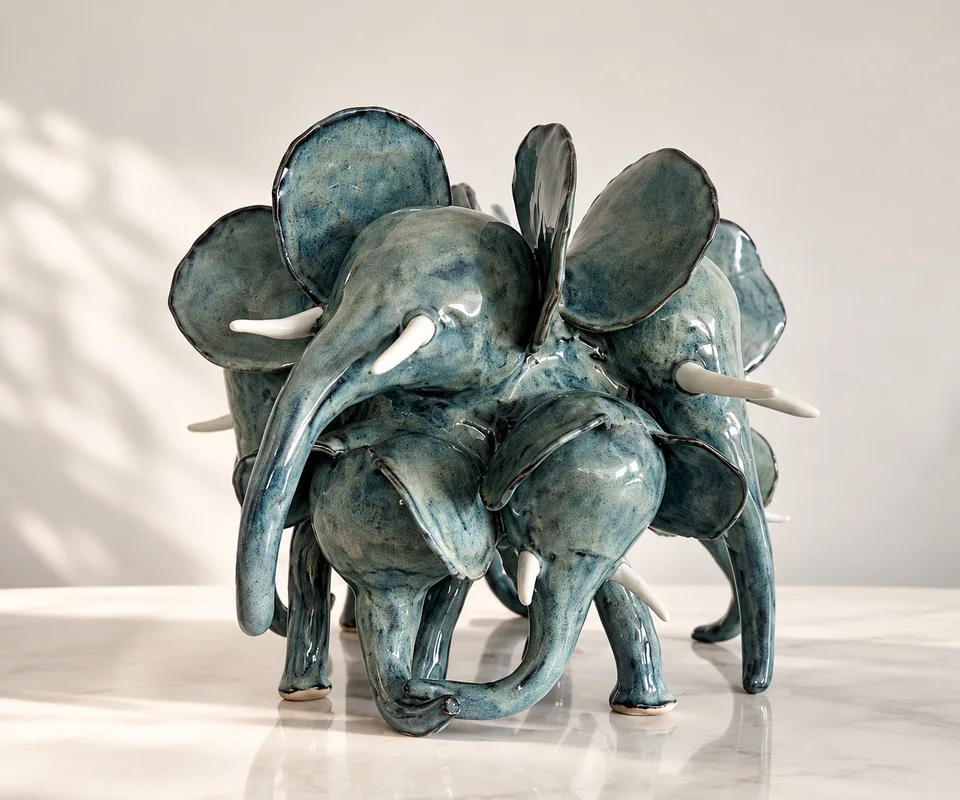 A pale green herd of elephants in front of light backgroubd