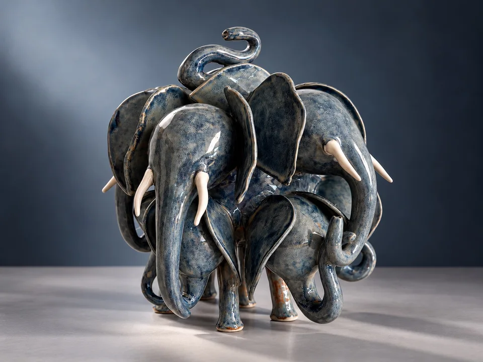 A blue grey elephant in front of a dark background