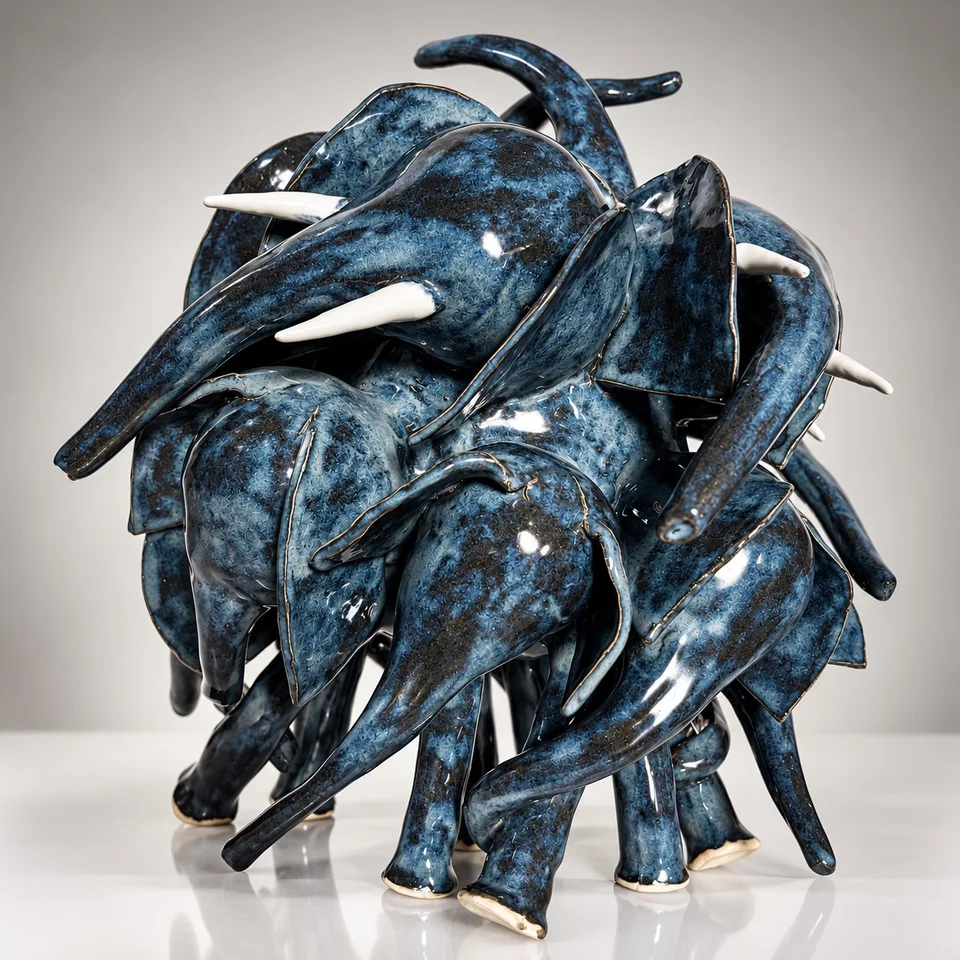 A dancing herd of elephants in front of a light background