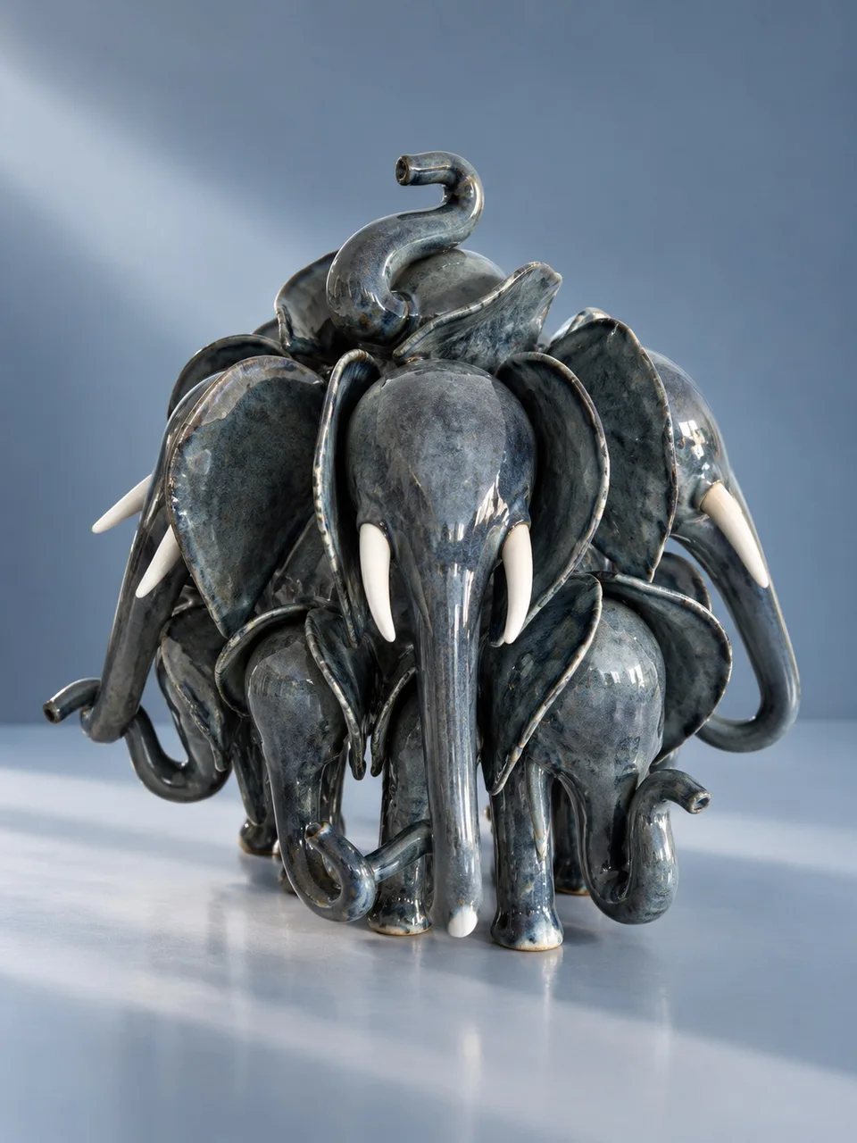 A grey blue herd of 14 elephants protecting each othet