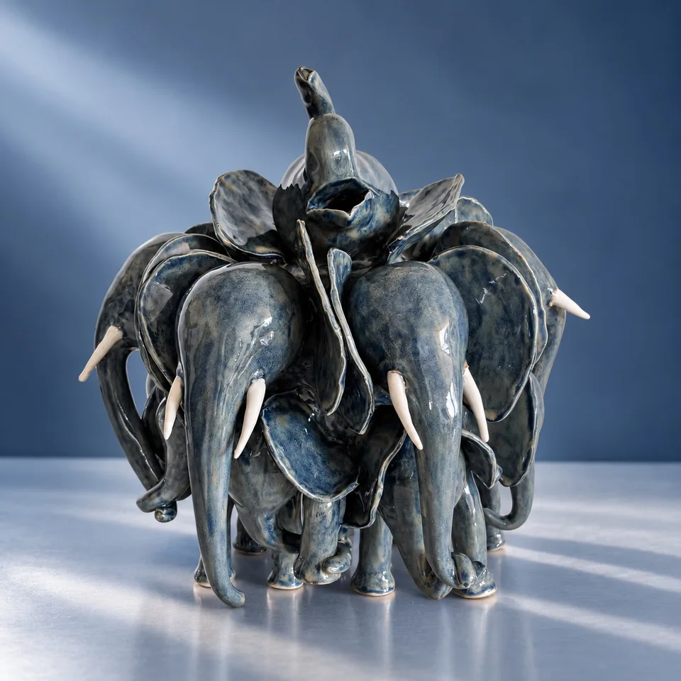 A trumpeting herd of blue grey elephants on the march