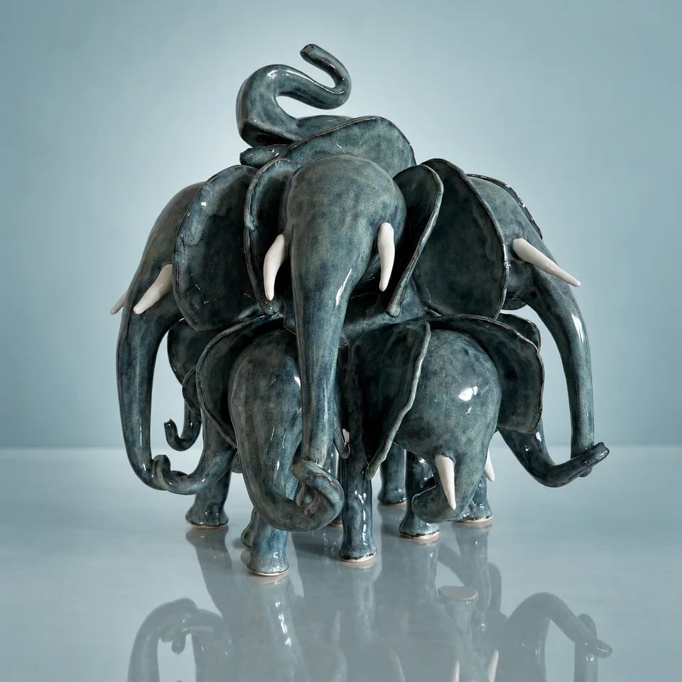 A a green herd of elephants against a light teal background